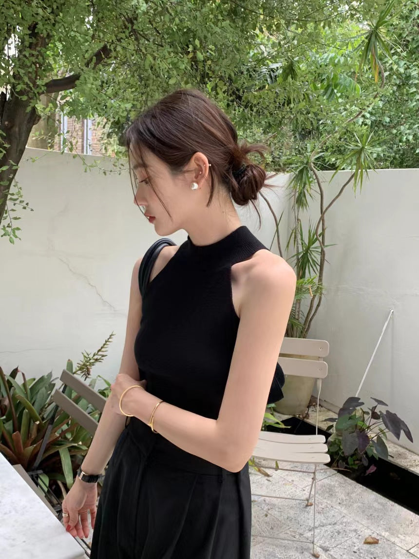 【F60409】韓國氣質簡約掛脖針織背心250526