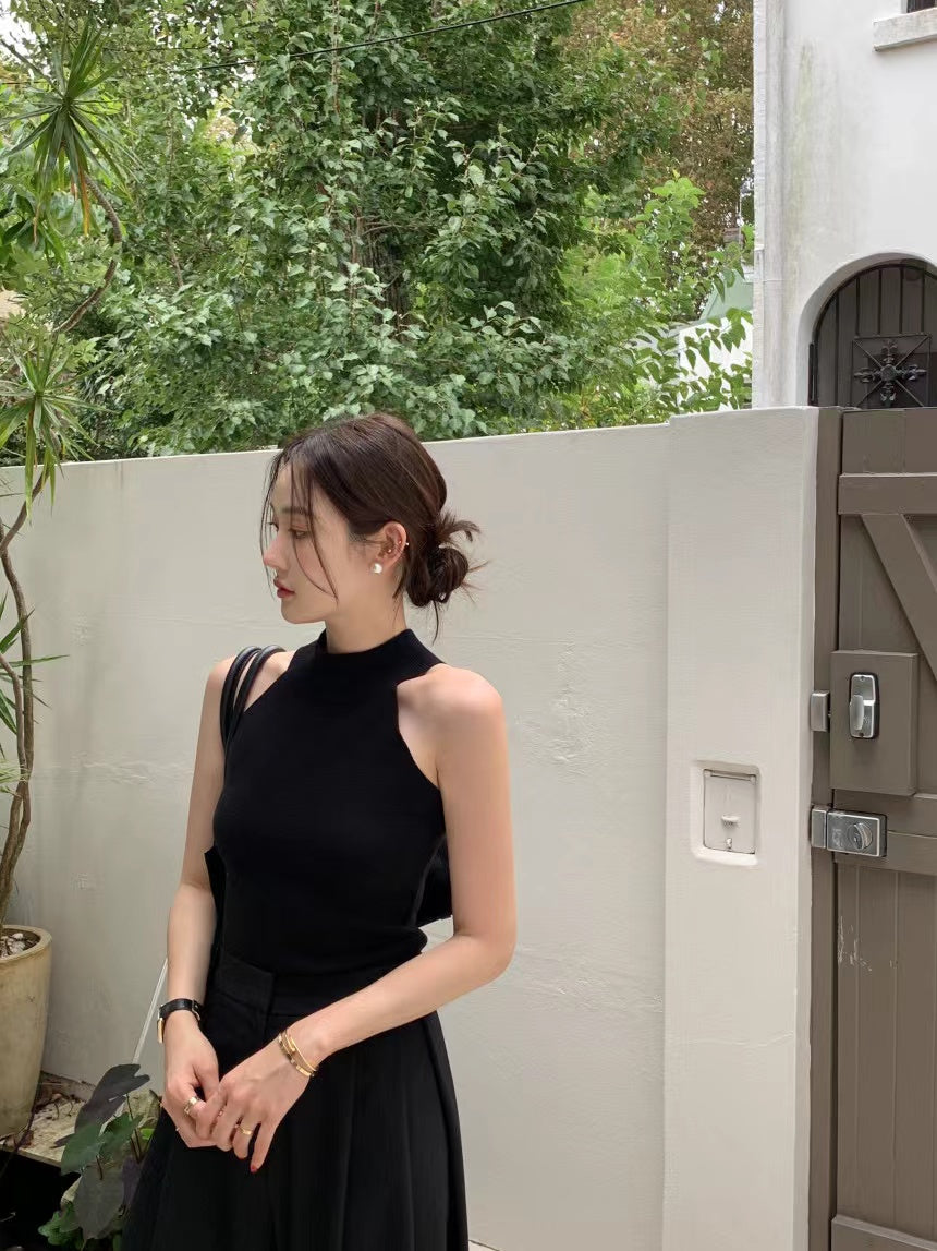 【F60409】韓國氣質簡約掛脖針織背心250526