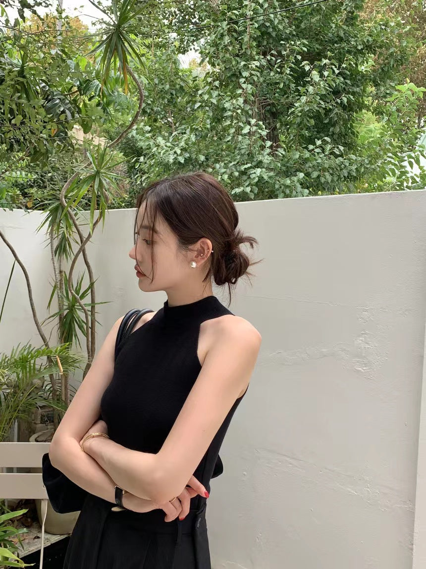 【F60409】韓國氣質簡約掛脖針織背心250526