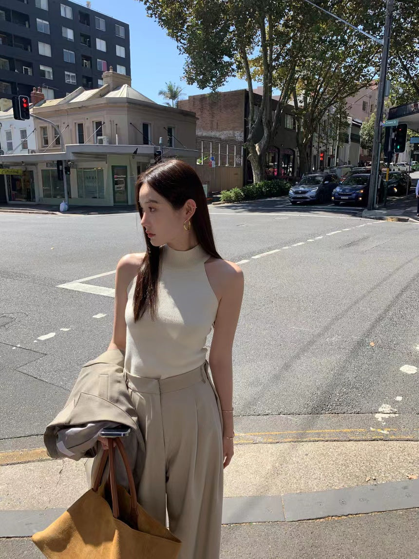 【F60409】韓國氣質簡約掛脖針織背心250526