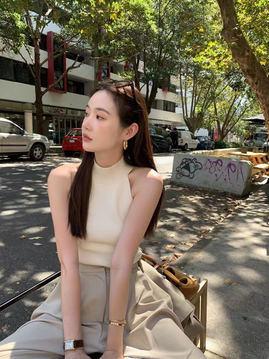 【F60409】韓國氣質簡約掛脖針織背心250526