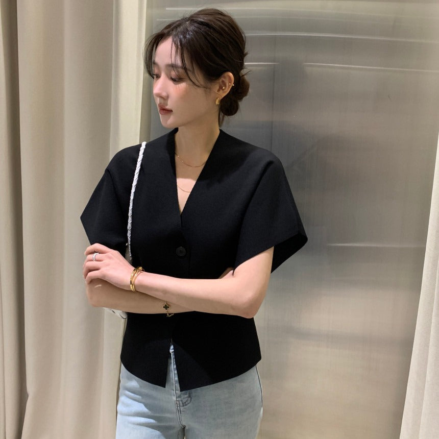 【F60408】韓國夏季法式簡約V領針織開衫250526