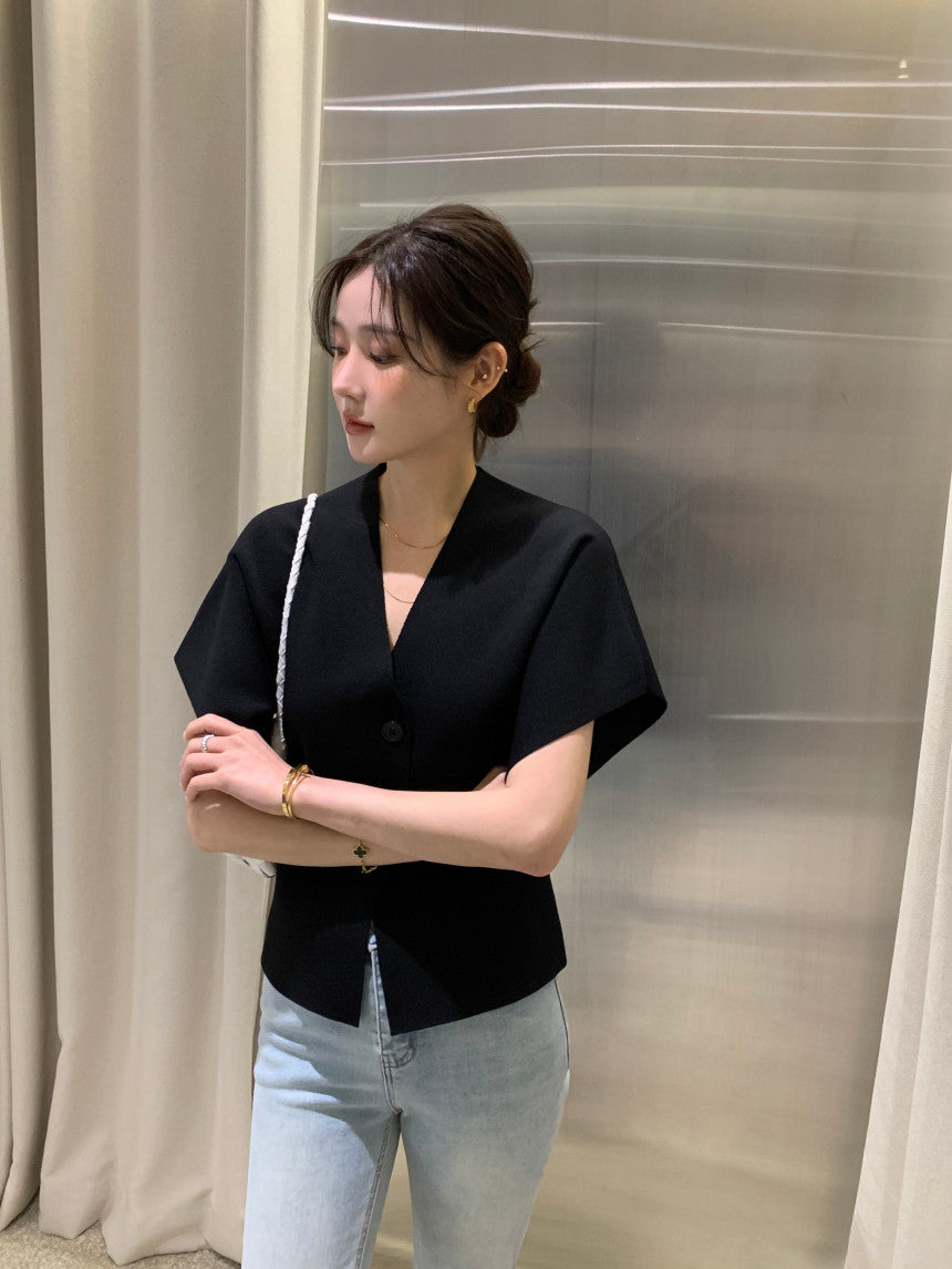 【F60408】韓國夏季法式簡約V領針織開衫250526