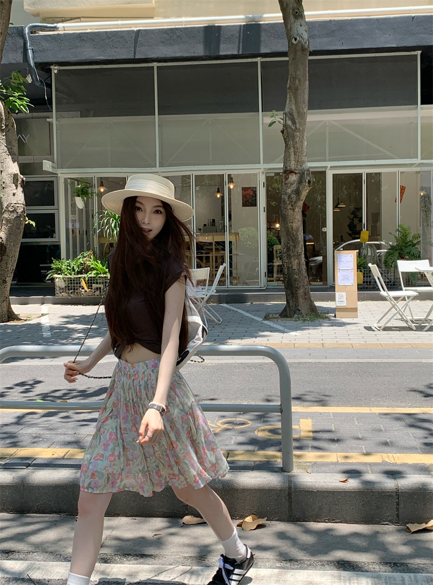 【F60398】實拍復古顯瘦T恤+雪紡碎花裙(分開下單)250526