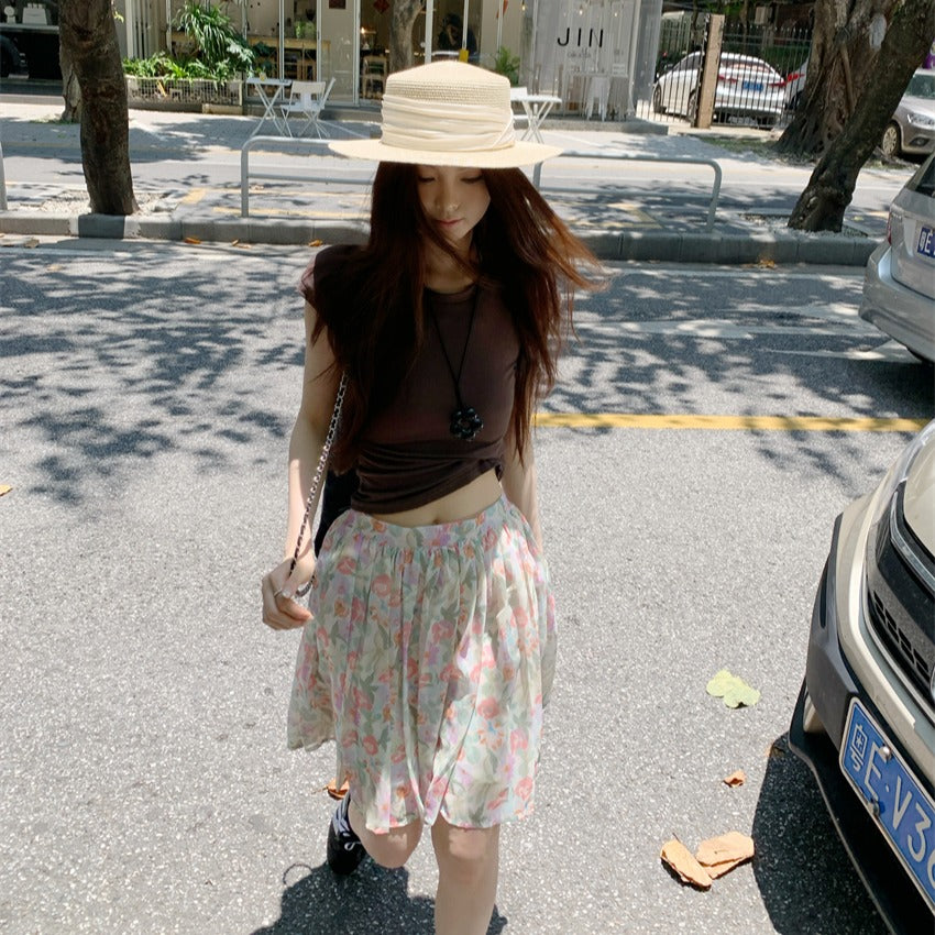 【F60398】實拍復古顯瘦T恤+雪紡碎花裙(分開下單)250526