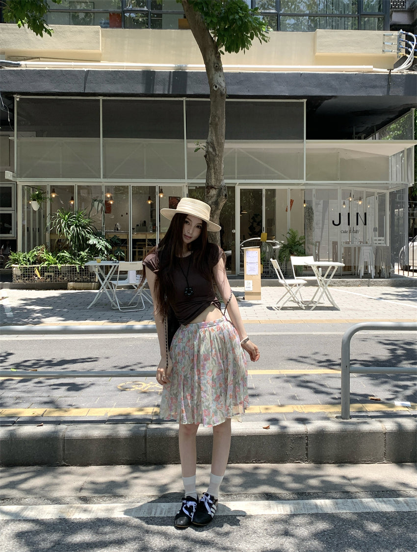 【F60398】實拍復古顯瘦T恤+雪紡碎花裙(分開下單)250526