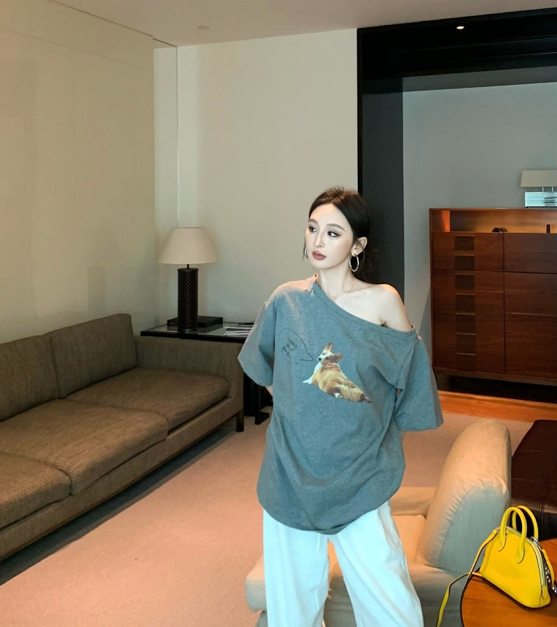 【F60465】實拍美式寬鬆印花斜肩T恤250616