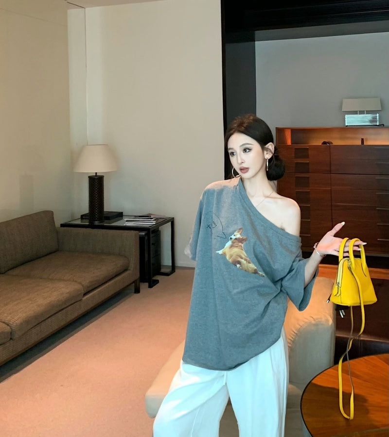 【F60465】實拍美式寬鬆印花斜肩T恤250616