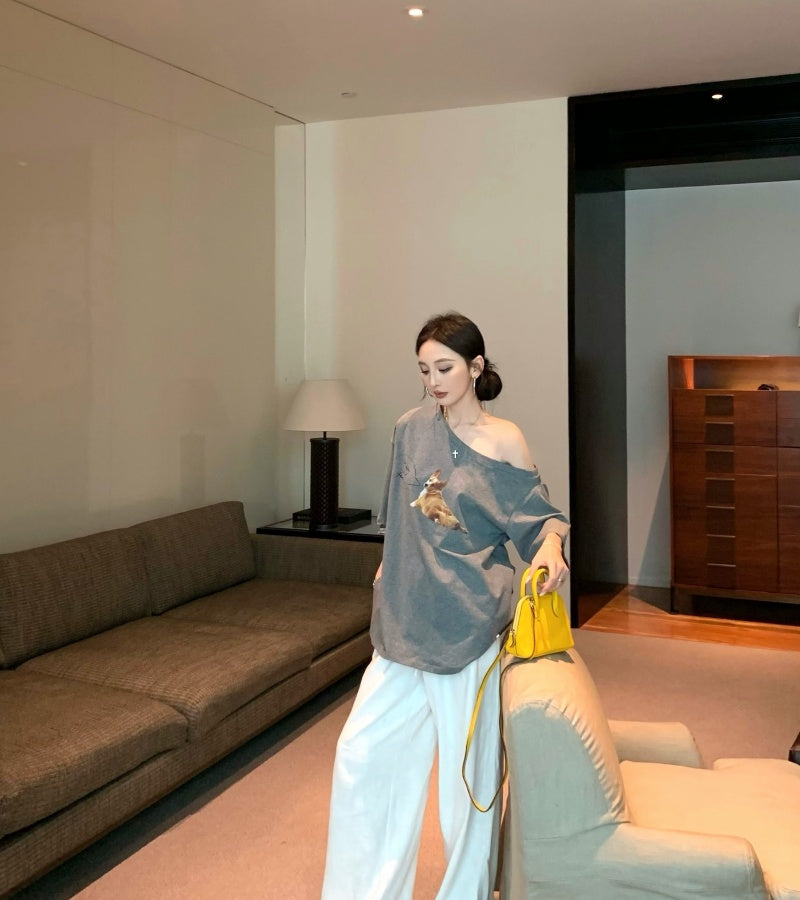 【F60465】實拍美式寬鬆印花斜肩T恤250616