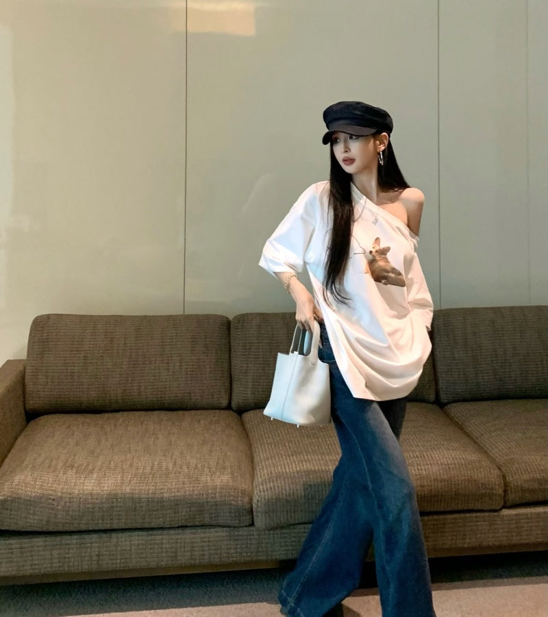 【F60465】實拍美式寬鬆印花斜肩T恤250616