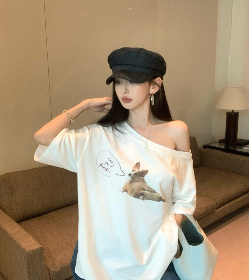 【F60465】實拍美式寬鬆印花斜肩T恤250616