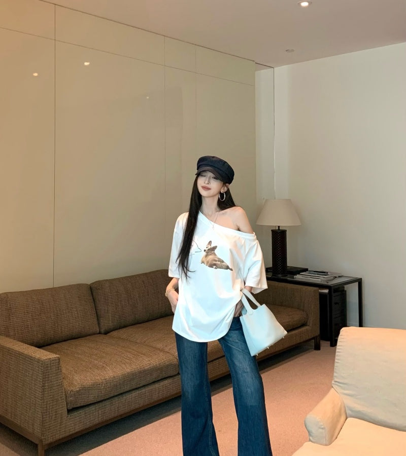 【F60465】實拍美式寬鬆印花斜肩T恤250616