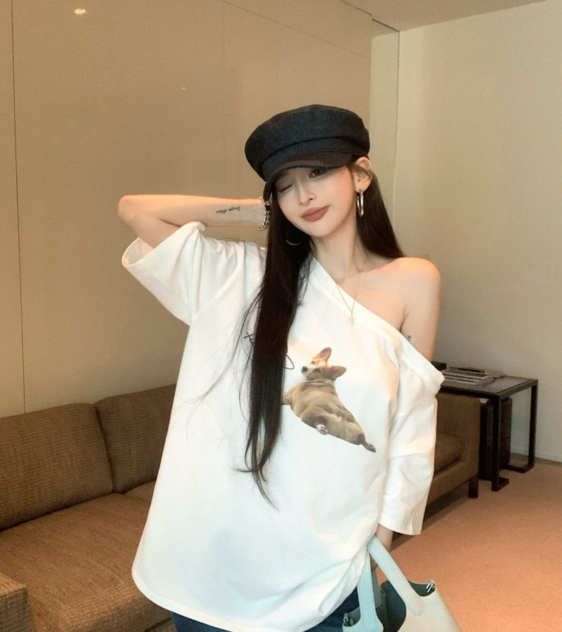 【F60465】實拍美式寬鬆印花斜肩T恤250616