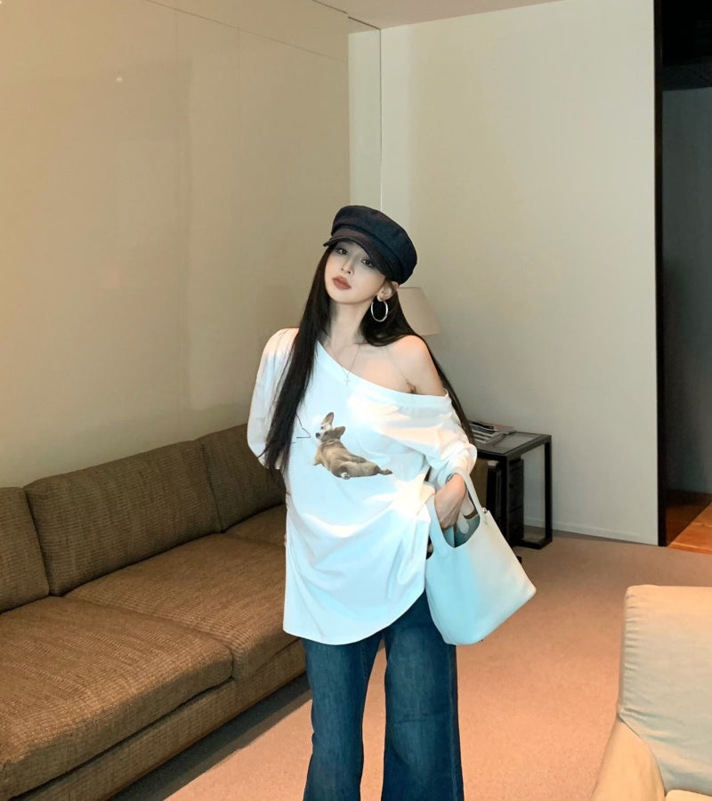 【F60465】實拍美式寬鬆印花斜肩T恤250616