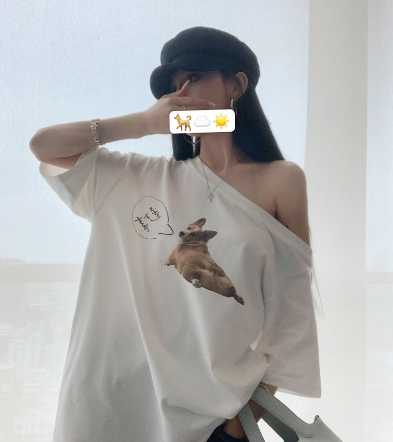 【F60465】實拍美式寬鬆印花斜肩T恤250616