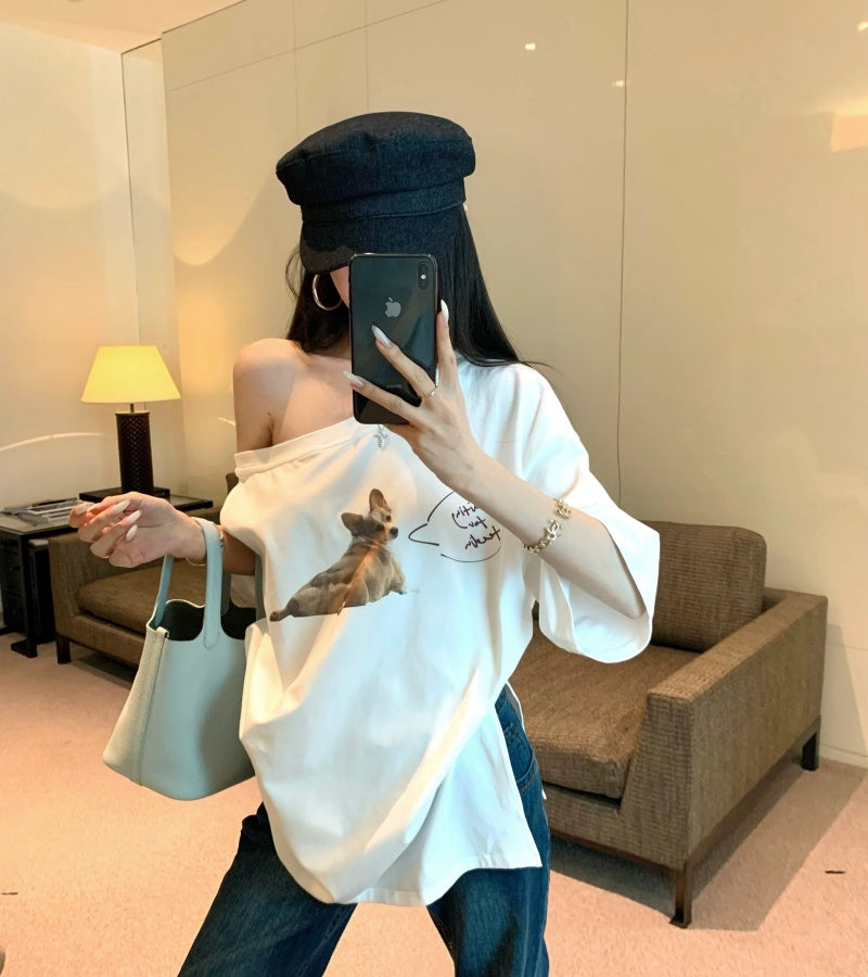 【F60465】實拍美式寬鬆印花斜肩T恤250616