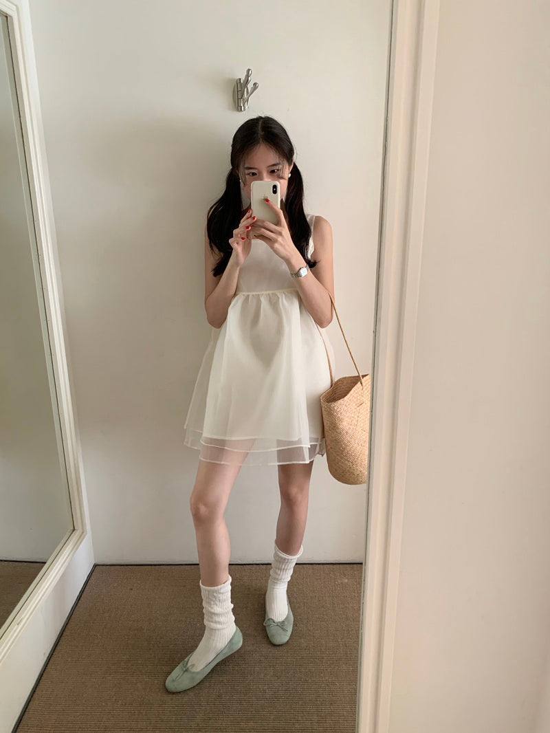 【F60486】實拍韓系甜美後綁蝴蝶結網紗2件式洋裝250616