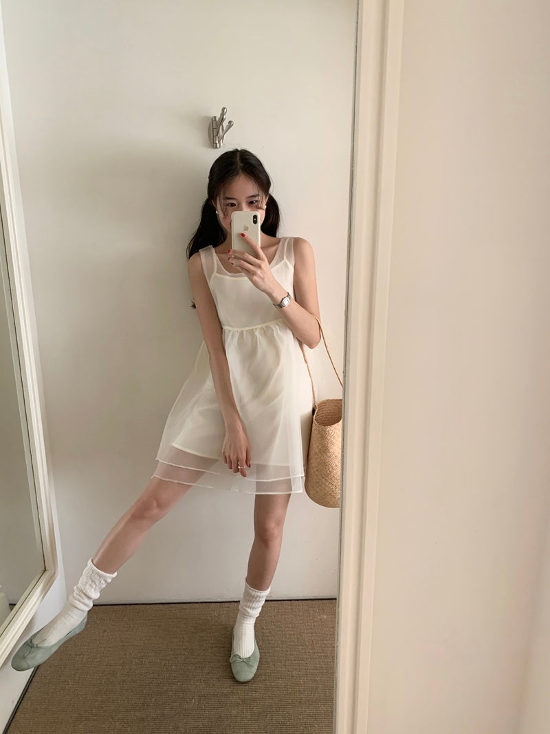 【F60486】實拍韓系甜美後綁蝴蝶結網紗2件式洋裝250616