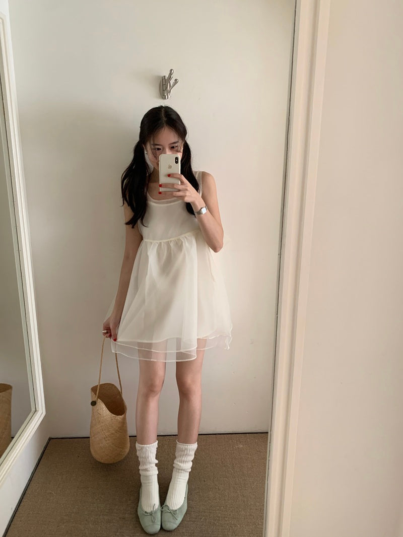 【F60486】實拍韓系甜美後綁蝴蝶結網紗2件式洋裝250616