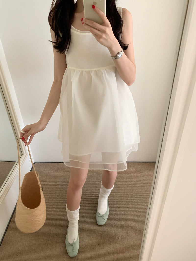 【F60486】實拍韓系甜美後綁蝴蝶結網紗2件式洋裝250616