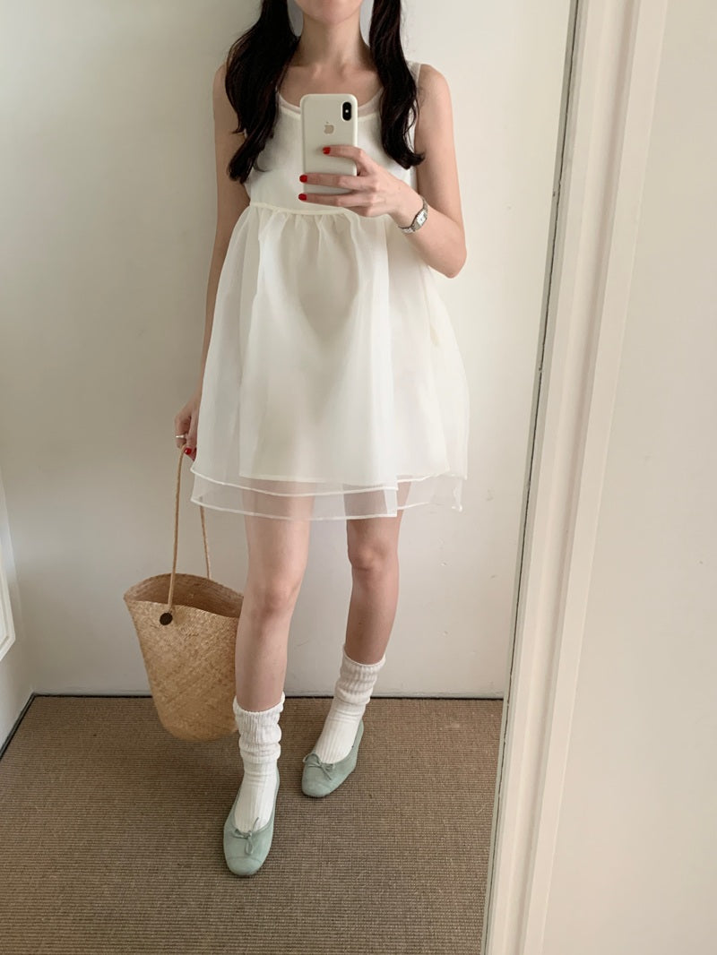【F60486】實拍韓系甜美後綁蝴蝶結網紗2件式洋裝250616