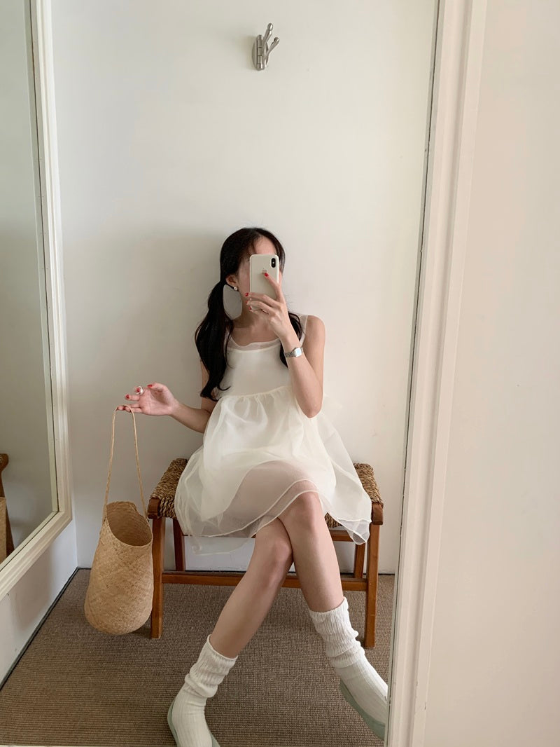 【F60486】實拍韓系甜美後綁蝴蝶結網紗2件式洋裝250616