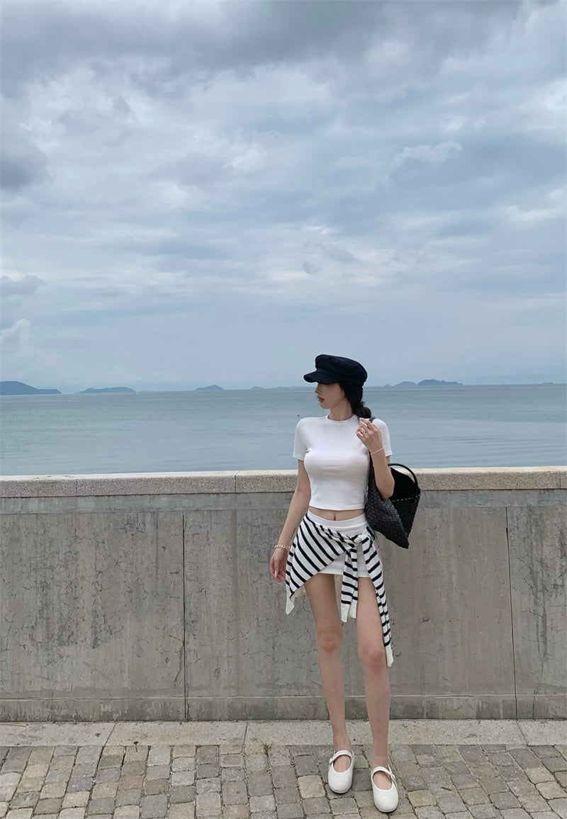 【F60469】實拍美式運動休閒短袖T恤+褲裙 套裝250616