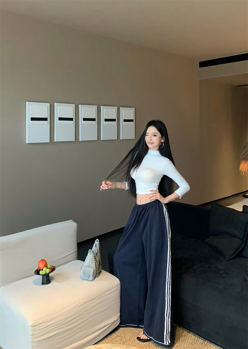 【F60464】實拍美式簡約防曬透氣T恤+高腰闊腿運動長褲250616