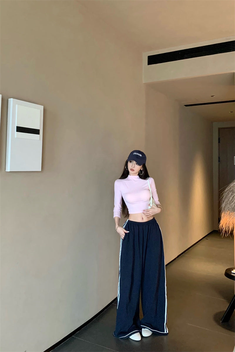 【F60464】實拍美式簡約防曬透氣T恤+高腰闊腿運動長褲250616