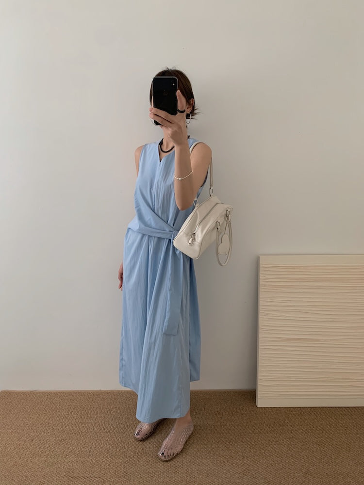 【F60449】實拍設計款蝴蝶結綁帶收腰大裙擺長洋裝250609