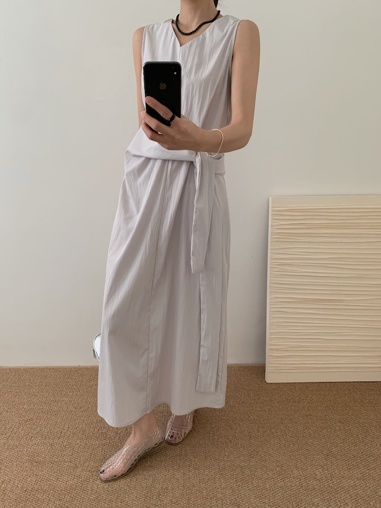 【F60449】實拍設計款蝴蝶結綁帶收腰大裙擺長洋裝250609