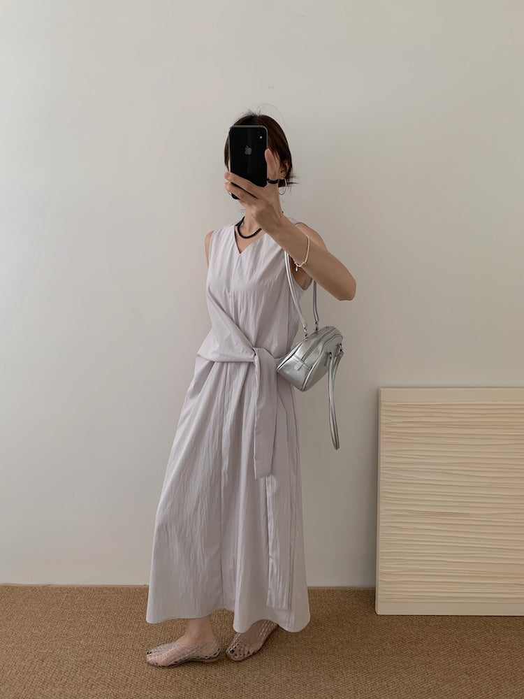 【F60449】實拍設計款蝴蝶結綁帶收腰大裙擺長洋裝250609