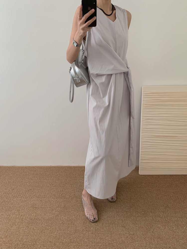 【F60449】實拍設計款蝴蝶結綁帶收腰大裙擺長洋裝250609