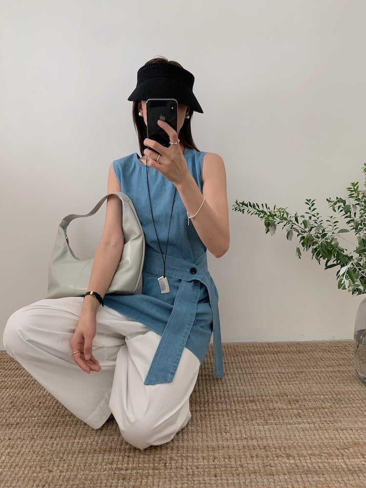 【F60450】實拍簡約設計款洗水牛仔背心+腰帶250609