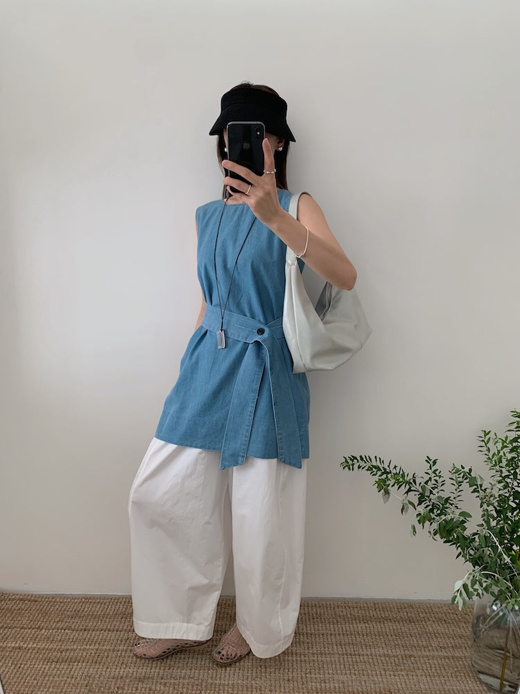 【F60450】實拍簡約設計款洗水牛仔背心+腰帶250609