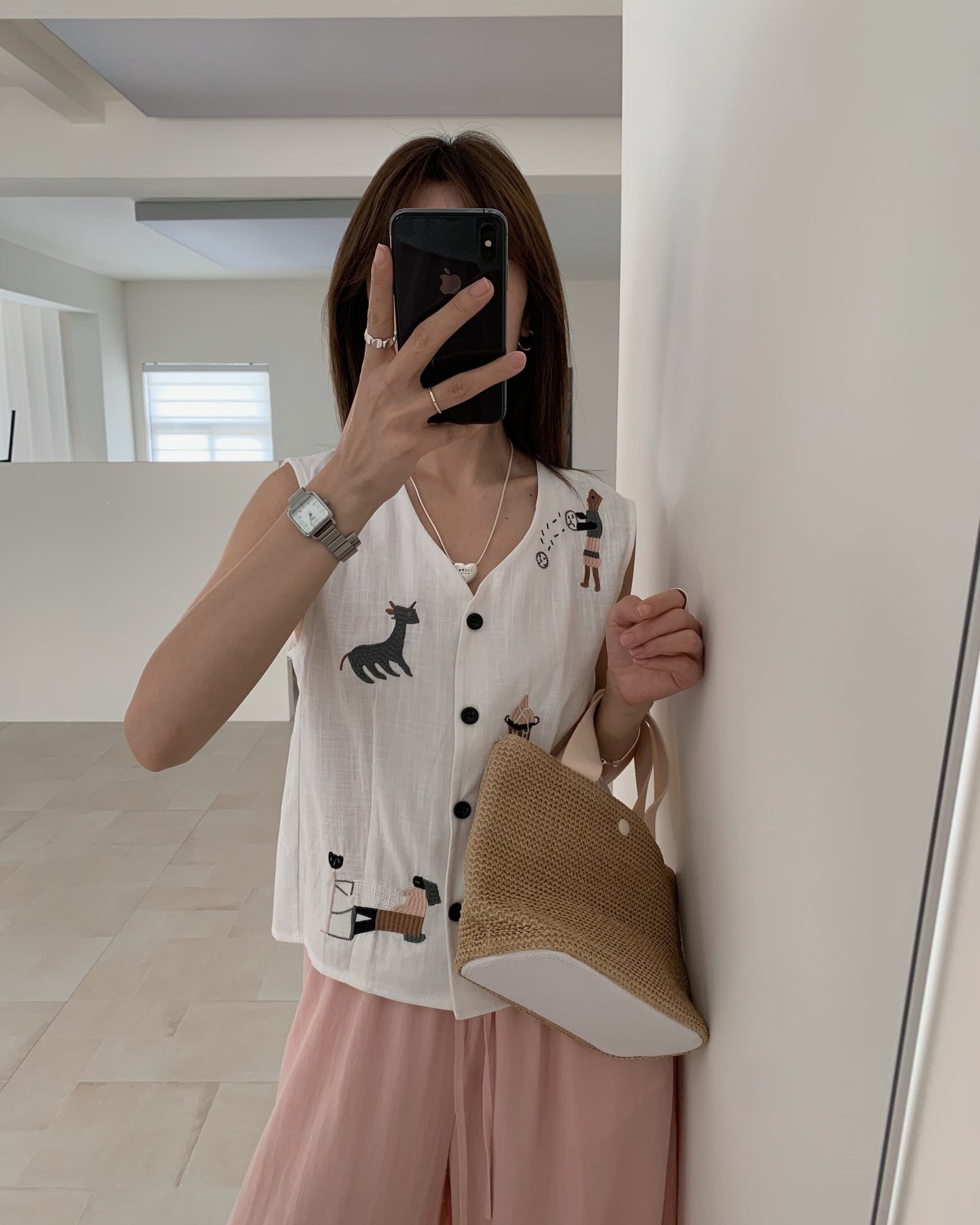 【F60454】實拍日系可愛小動物 重工刺繡舒適麻棉襯衫250609