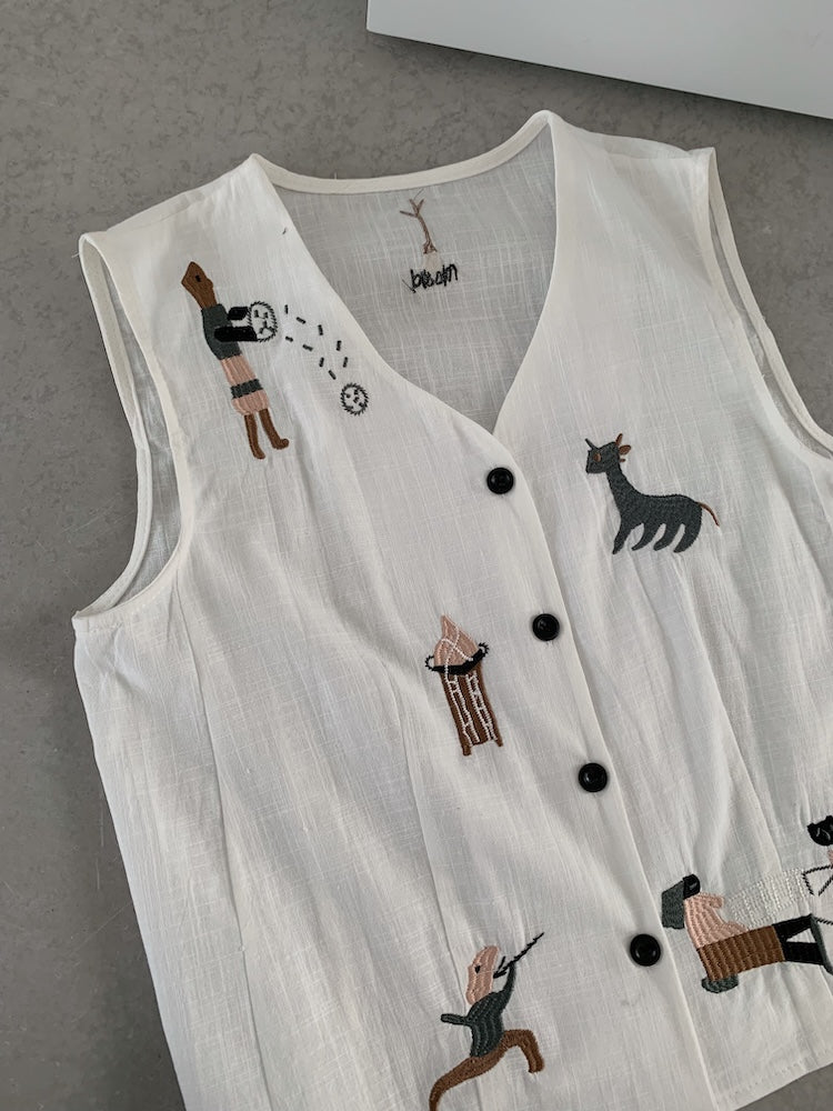 【F60454】實拍日系可愛小動物 重工刺繡舒適麻棉襯衫250609