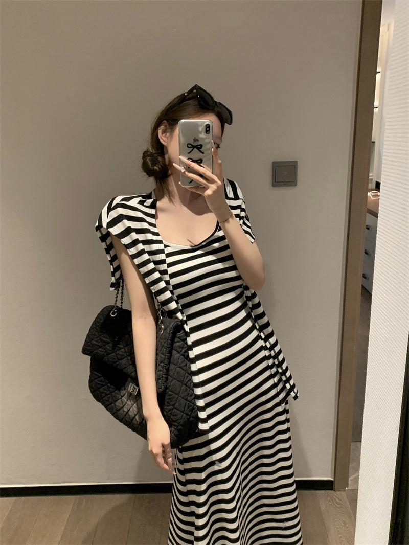 【F60431】實拍夏天度假感條紋披肩+吊帶舒適長洋裝250609