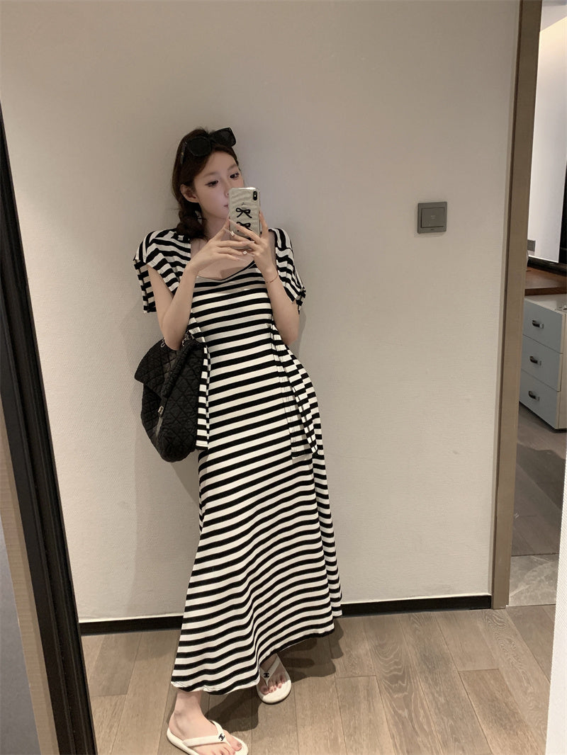 【F60431】實拍夏天度假感條紋披肩+吊帶舒適長洋裝250609