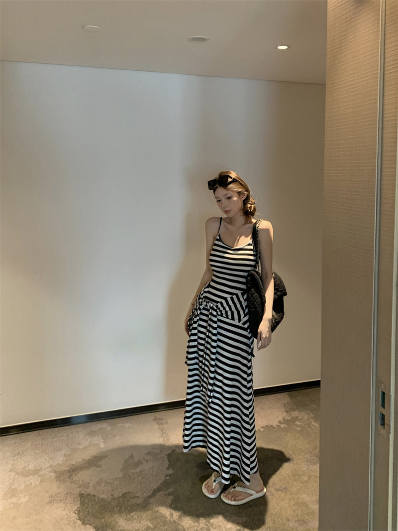 【F60431】實拍夏天度假感條紋披肩+吊帶舒適長洋裝250609