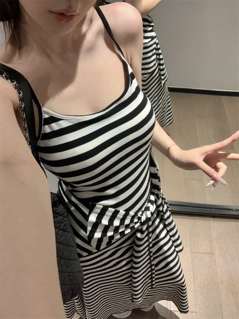 【F60431】實拍夏天度假感條紋披肩+吊帶舒適長洋裝250609