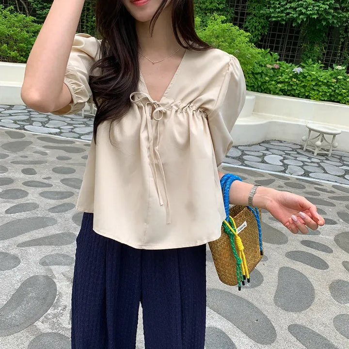 【F60477】夏季法式抽繩泡泡袖襯衫250616