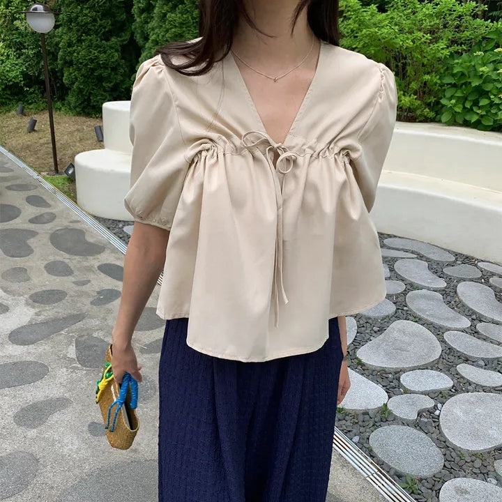 【F60477】夏季法式抽繩泡泡袖襯衫250616