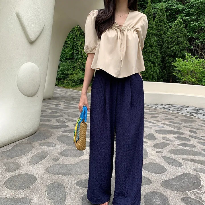 【F60477】夏季法式抽繩泡泡袖襯衫250616