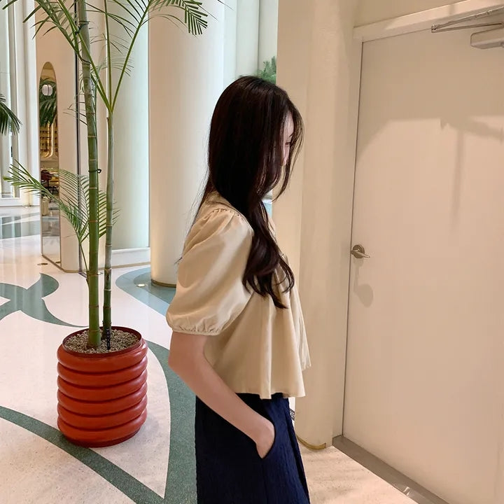 【F60477】夏季法式抽繩泡泡袖襯衫250616