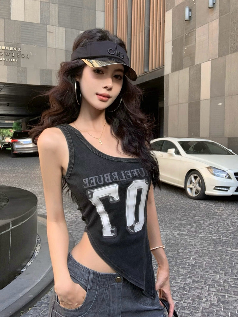 【F60434】實拍美式辣妹斜肩不規則洗舊印花背心250609