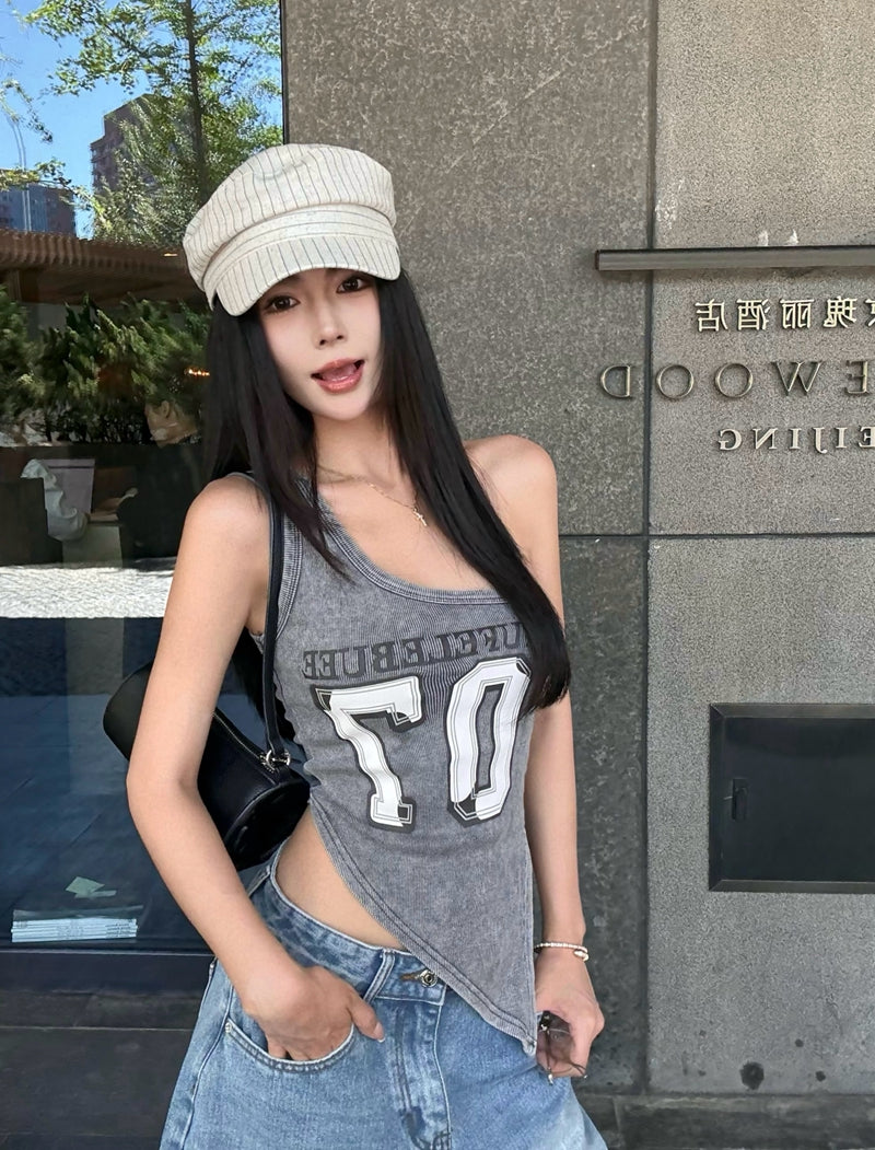 【F60434】實拍美式辣妹斜肩不規則洗舊印花背心250609