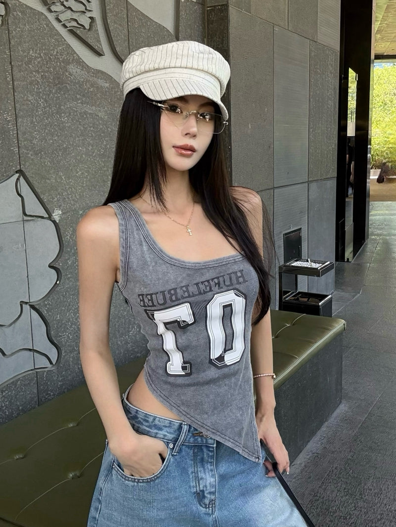 【F60434】實拍美式辣妹斜肩不規則洗舊印花背心250609