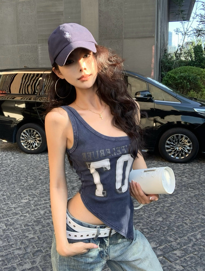 【F60434】實拍美式辣妹斜肩不規則洗舊印花背心250609