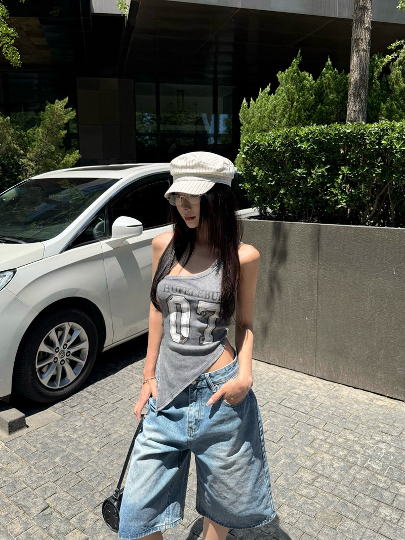 【F60434】實拍美式辣妹斜肩不規則洗舊印花背心250609